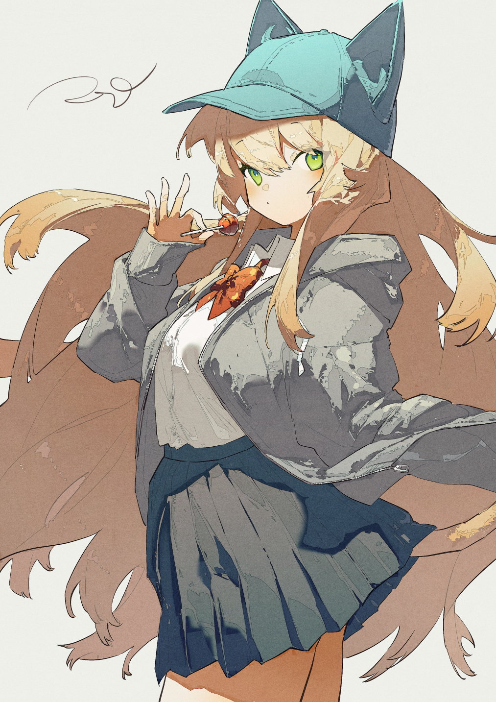 1girl, animal_hat, black_skirt, blonde_hair, bow, bowtie, breasts, candy, closed_mouth, collared_shirt, commentary, cowboy_shot, food, green_eyes, green_headwear, grey_jacket, hair_between_eyes, hand_up, hat, highres, holding, holding_candy, holding_food, holding_lollipop, jacket, lollipop, long_hair, long_sleeves, looking_at_viewer, medium_breasts, ok_sign, open_clothes, open_jacket, original, pleated_skirt, potg_(piotegu), red_bow, red_bowtie, shirt, shirt_tucked_in, signature, simple_background, skirt, sleeves_past_wrists, solo, standing, symbol-only_commentary, tail, very_long_hair, white_background, white_shirt