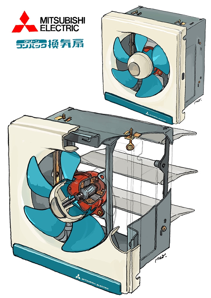 computer_fan, english_text, logo, mao9821, mitsubishi, no_humans, original, screw
