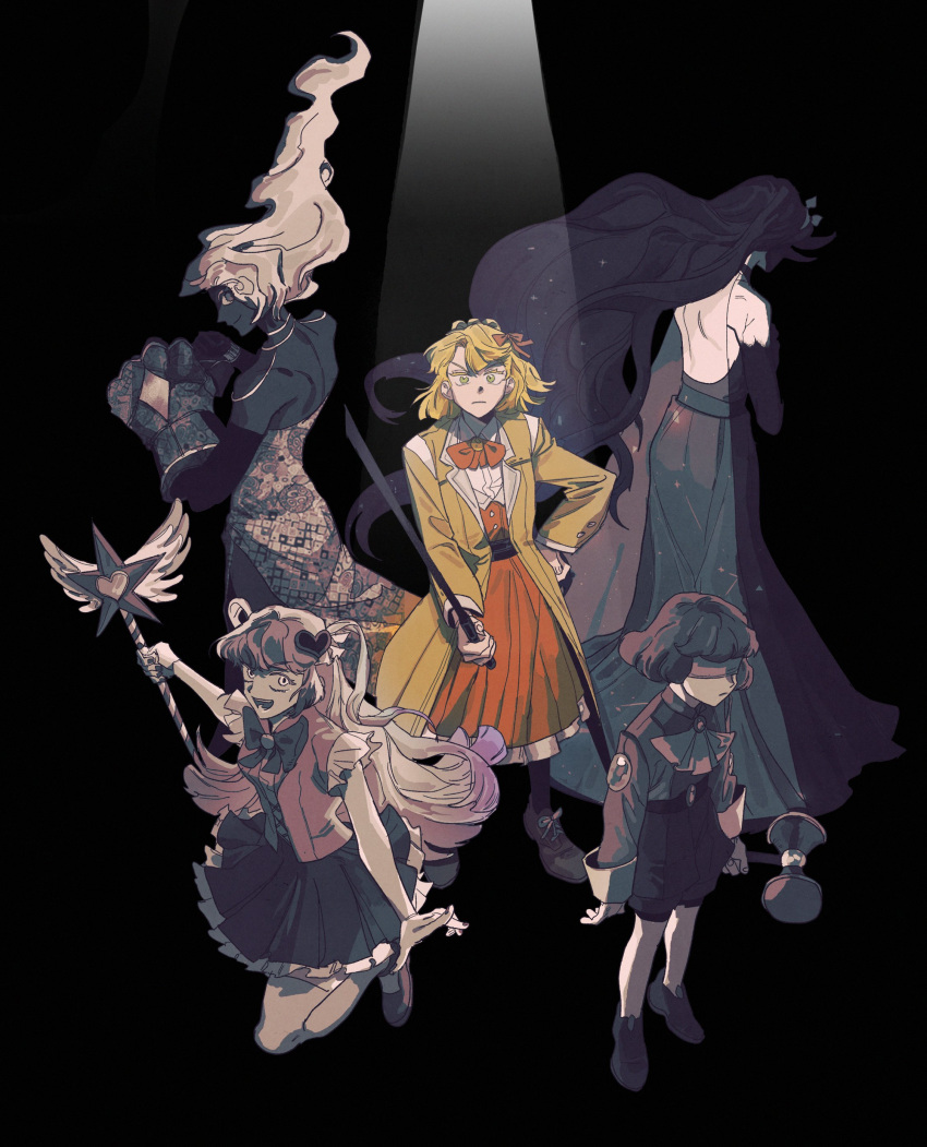 5girls, absurdres, black_hair, blonde_hair, dress, floating_hair, heart, highres