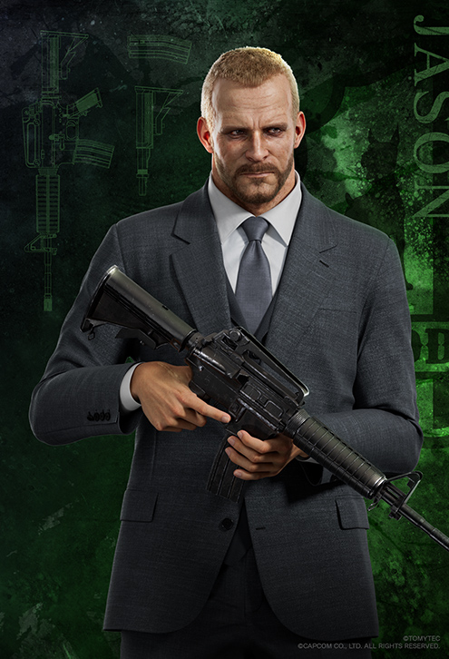 1boy, assault_rifle, beard, blonde_hair, buttons, character_name, closed_mouth, copyright_name