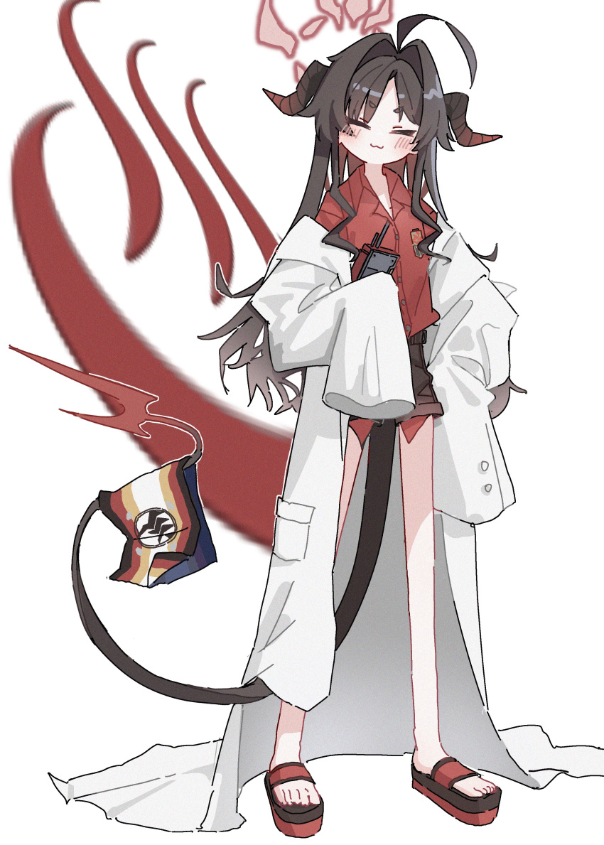 1girl, :3, absurdres, ahoge, black_hair, black_shorts, blue_archive, blush, coat, coat_partially_removed, collared_shirt, demon_girl, demon_horns, demon_tail, dress_shirt, fertilizerrrr, film_grain, full_body, hair_intakes, halo, highres, horns, kasumi_(blue_archive), lab_coat, long_hair, oversized_clothes, platform_footwear, red_halo, red_shirt, shirt, shorts, sleeves_past_fingers, sleeves_past_wrists, solo, tail, toes, walkie-talkie, white_coat