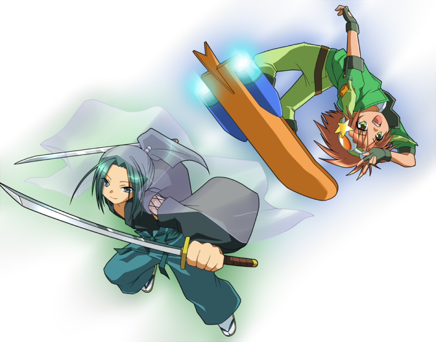 2boys, blue_eyes, closed_mouth, fingerless_gloves, full_body, gloves, green_eyes, green_hair