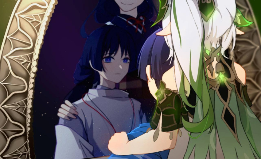 1boy, 2girls, back, behind_another, blue_hair, faceless, genshin_impact, hair_ornament
