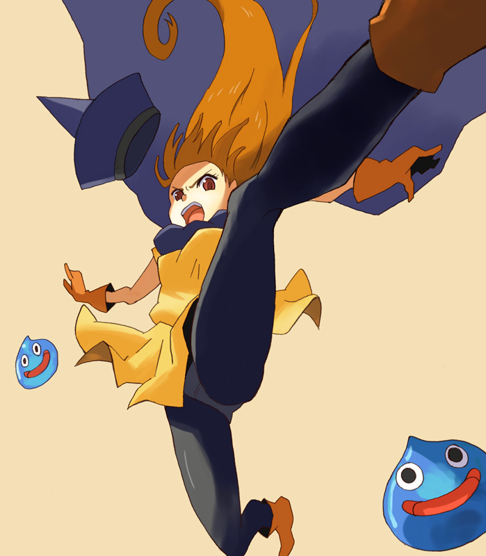 brown_hair, dragon_quest, dragon_quest_iv, gloves, hat, kicking, long_hair, panties