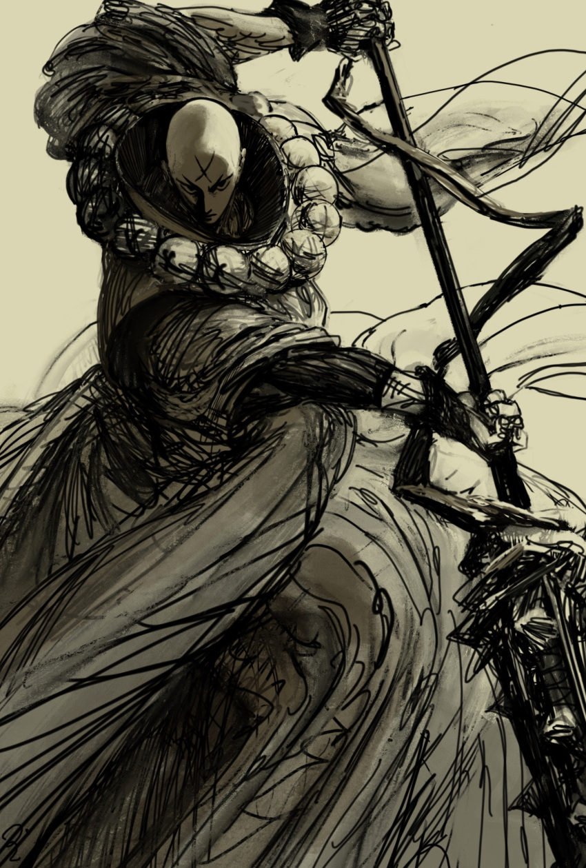 1boy, absurdres, bald, bead_necklace, beads, cross_scar, fate/grand_order, fate_(series), feet_out_of_frame, fighting_stance, highres, holding, holding_polearm, holding_weapon, houzouin_inshun_(fate), jewelry, male_focus, monk, monochrome, necklace, oku_(2964_okn), polearm, scar, serious, short_hair, sketch, solo, spear, traditional_media, weapon