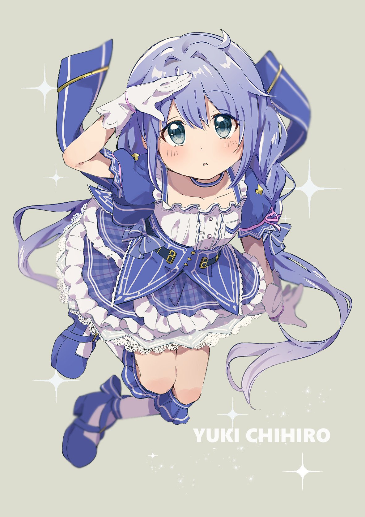 ahoge, blue_choker, blue_eyes, blue_footwear, blue_hair, blue_skirt, blush, braid, c02_lemon, choker, frilled_skirt, frills, gloves, highres, long_hair, magical_girl, nijisanji, plaid, plaid_skirt, puffy_short_sleeves, puffy_sleeves, short_sleeves, skirt, triangle_mouth, twin_braids, virtual_youtuber, white_gloves, yuuki_chihiro