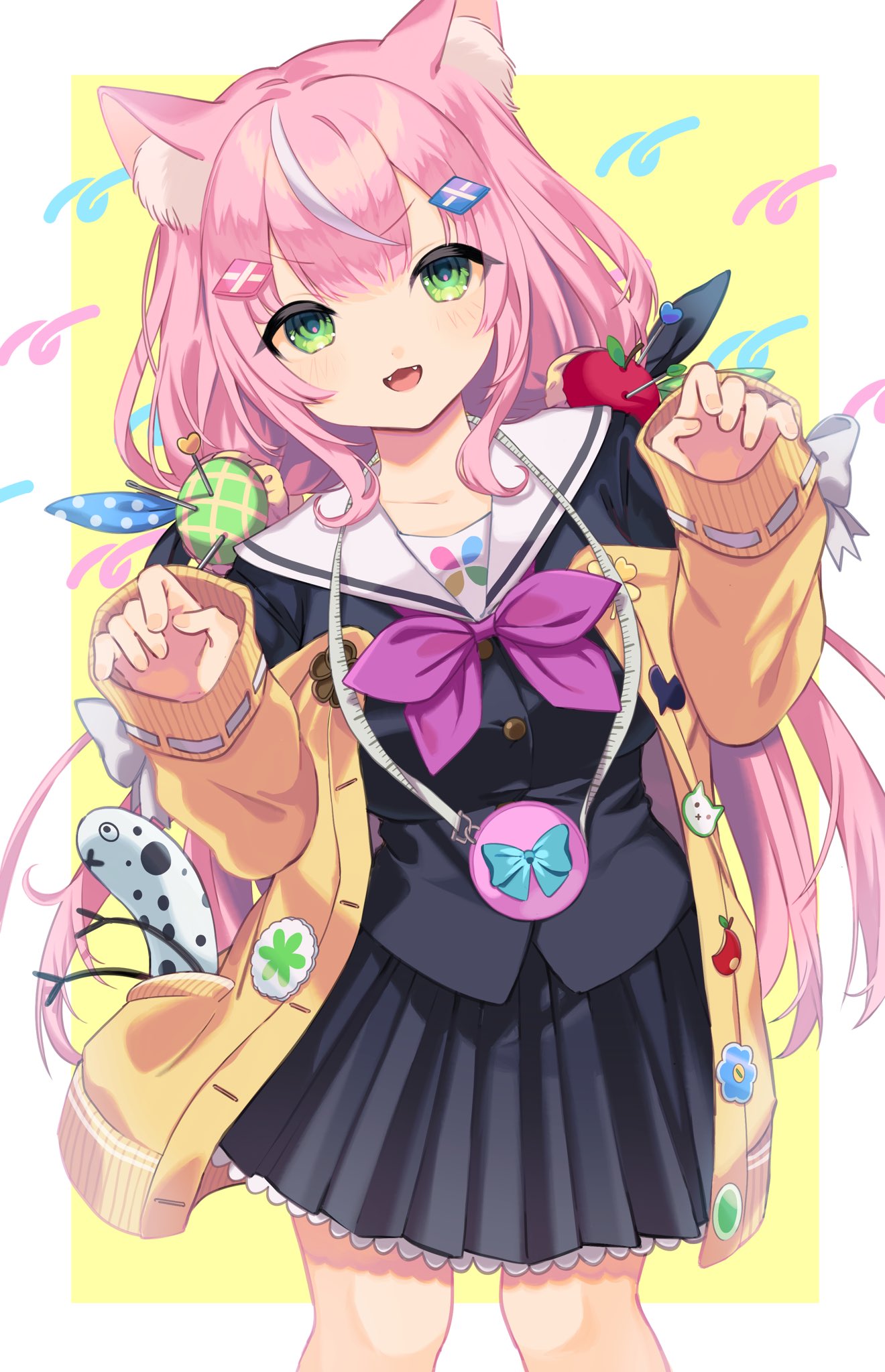 1girl, animal_ears, black_serafuku, black_skirt, cardigan, cat_ears, cat_girl, green_eyes, highres, kenkou_land, long_hair, multicolored_hair, nijisanji, nijisanji_kr, off_shoulder, open_cardigan, open_clothes, pink_hair, pleated_skirt, sailor_collar, school_uniform, serafuku, skirt, solo, streaked_hair, very_long_hair, virtual_youtuber, white_hair, white_sailor_collar, yang_nari, yellow_cardigan