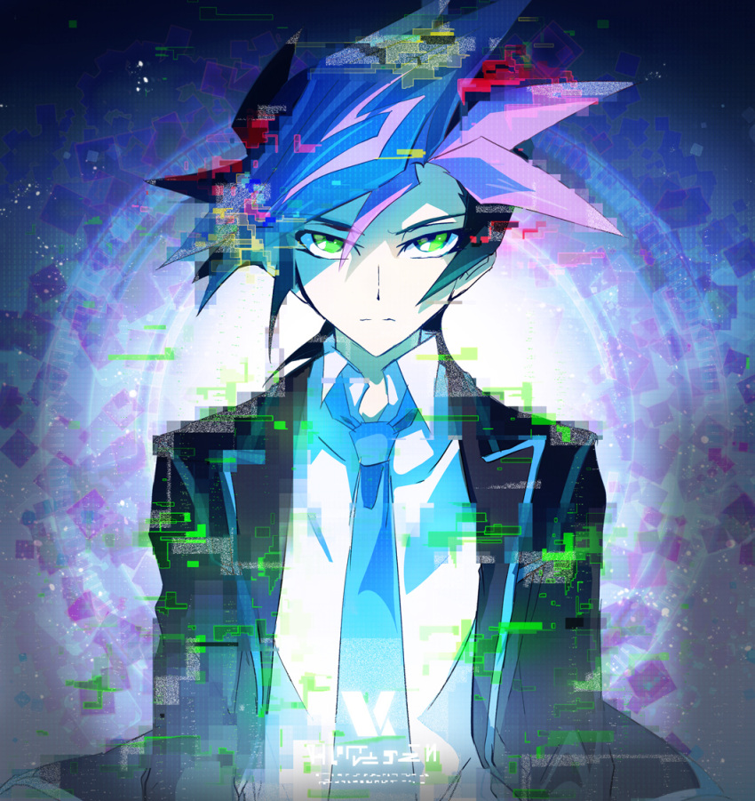 1boy, blazer, blue_hair, blue_necktie, collared_shirt, digital_dissolve, fujiki_yuusaku, glaring