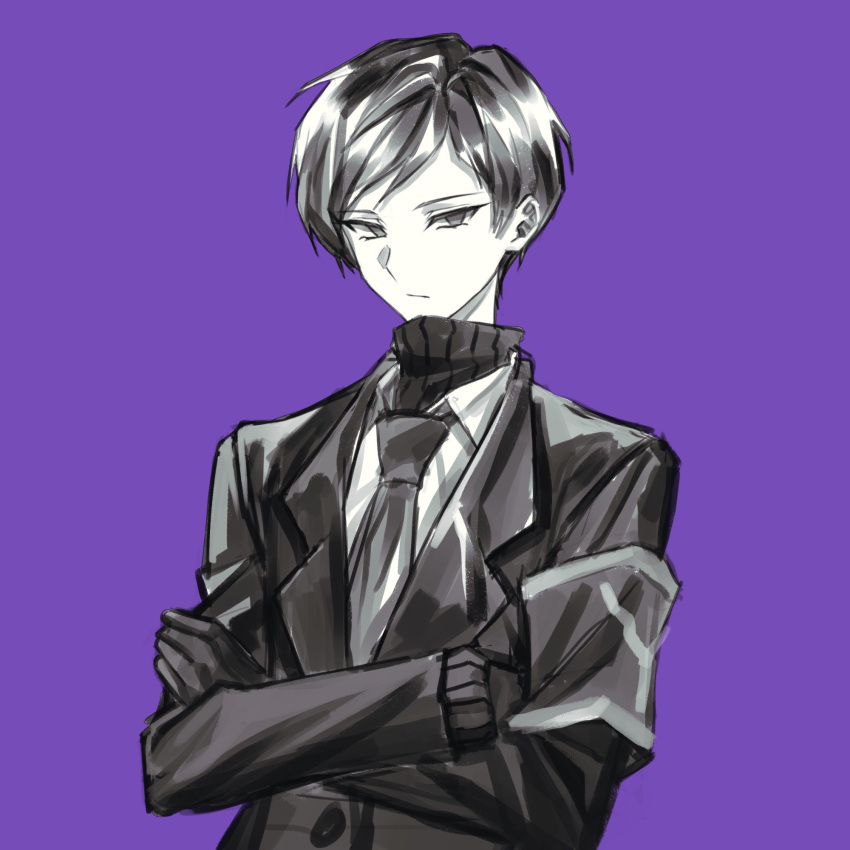 1boy, armband, closed_mouth, collared_shirt, commentary_request, crossed_arms, gloves, greyscale_with_colored_background, highres, jacket, korean_commentary, lobotomy_corporation, long_sleeves, male_focus, necktie, nyangji, project_moon, purple_background, ribbed_sweater, shirt, short_hair, simple_background, solo, sweater, turtleneck, turtleneck_sweater, upper_body, yesod_(project_moon)