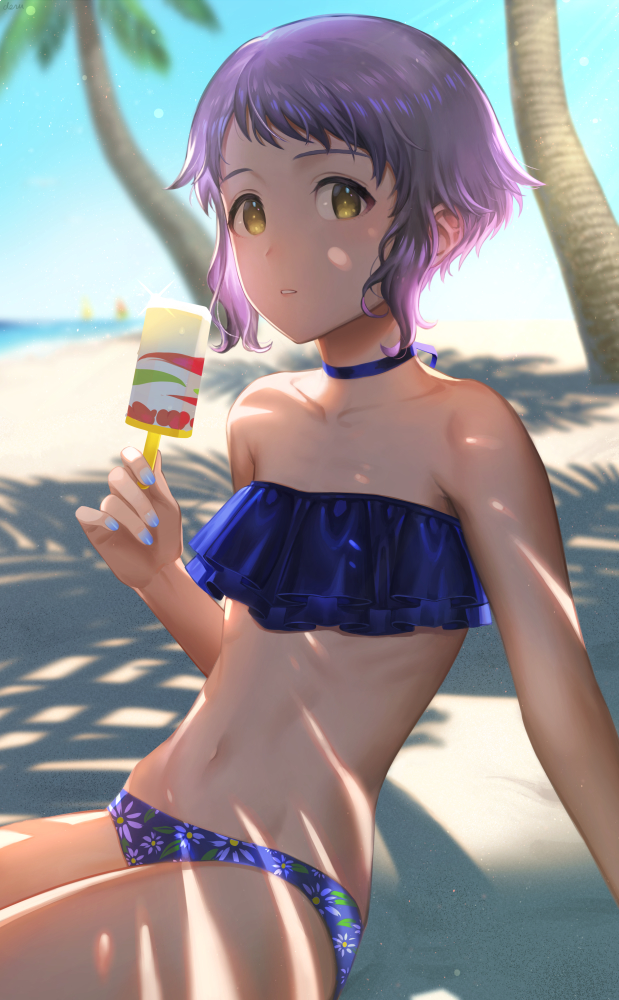 1girl, arm_support, asymmetrical_bikini, bare_shoulders, beach, bikini, blue_bikini, blue_choker, blue_nails, blurry, blurry_background, choker, collarbone, commentary_request, day, expressionless, floral_print, frilled_bikini, frills, hand_up, holding_ice_cream, idolmaster, idolmaster_million_live!, looking_at_viewer, makabe_mizuki, mimizubare, nail_polish, navel, ocean, on_floor, outdoors, palm_tree, parted_lips, print_bikini, purple_hair, sand, shadow, short_hair, sidelocks, sitting, solo, sparkle, stomach, strapless, strapless_bikini, sunlight, swimsuit, thighs, tree, wavy_hair, yellow_eyes