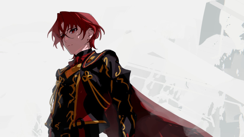 alear_(fire_emblem), alear_(male)_(fire_emblem), black_shirt, cape, closed_mouth, fire_emblem, fire_emblem_engage, game_ym0000, gold_trim, highres, long_sleeves, looking_away, past_alear_(male), red_eyes, redhead, shirt, short_hair, solo, white_background