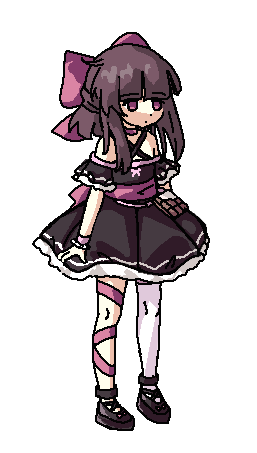 1girl, bare_shoulders, black_footwear, bow, brown_hair, chocolate, choker, criss-cross_halter, expressionless, fallen_shadow, fallenshadow, fukouna_shoujo_03, full_body, halterneck, indie_virtual_youtuber, leg_ribbon, lowres, medium_hair, pink_bow, pink_choker, pink_eyes, pink_ribbon, pixel_art, ribbon, ribbon_choker, single_thighhigh, single_wrist_cuff, solo, standing, thigh-highs, transparent_background, virtual_youtuber, waist_bow, wrist_cuffs