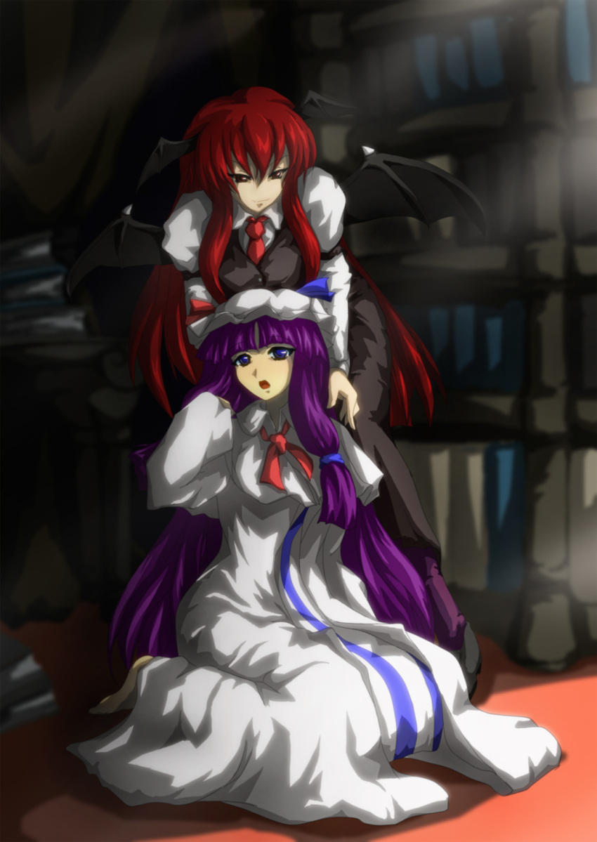 book, hat, head_wings, highres, idkaruna, koakuma, long_hair, patchouli_knowledge