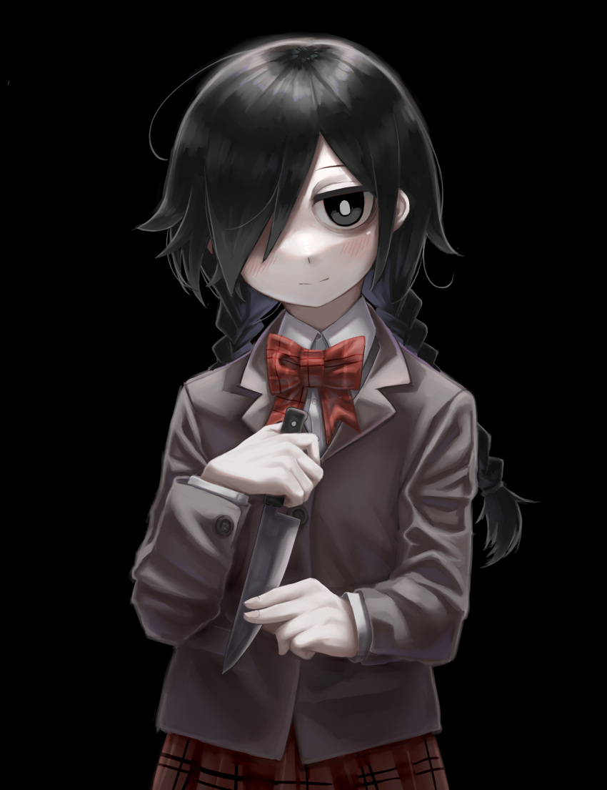 1girl, absurdres, ahoge, bags_under_eyes, black_background, black_eyes, black_hair, blush