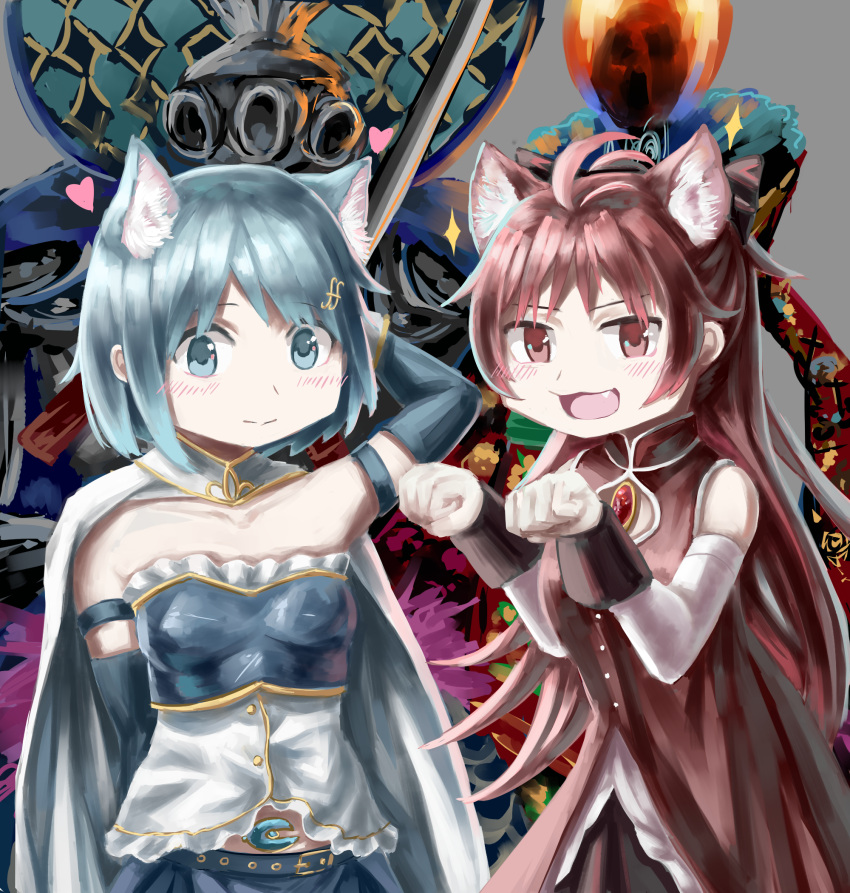 2girls, :3, :d, animal_ears, antenna_hair, arm_behind_head, arm_up, belt