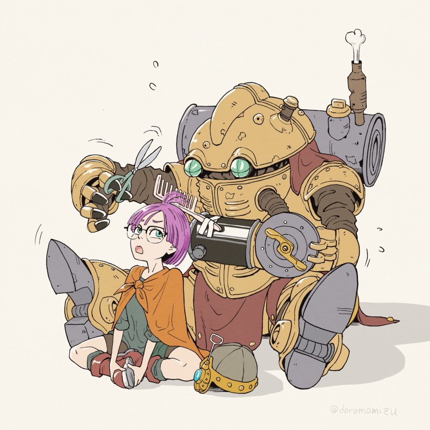 1girl, bike_shorts, blue_eyes, boots, chrono_trigger, comb, doromamizu, full_body, glasses, helmet, highres, lucca_ashtear, open_mouth, purple_hair, robo_(chrono_trigger), scissors, short_hair, simple_background, white_background