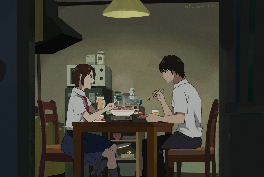 1boy, 1girl, black_footwear, black_hair, black_pants, black_socks, brown_eyes, brown_hair