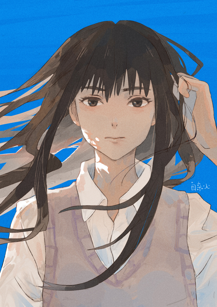 1girl, blue_sky, brown_eyes, brown_hair, brown_sweater_vest, hand_in_own_hair, hand_up, highres