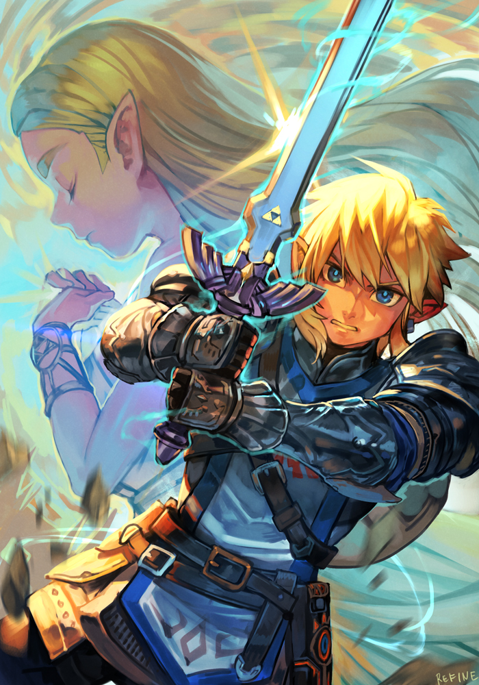 1boy, 1girl, arm_guards, armor, bangle, bare_shoulders, belt, blonde_hair, blue_eyes, bracelet, brown_gloves, clenched_teeth, day, dress, eyelashes, glint, gloves, hankuri, holding, holding_sword, holding_weapon, hyrule_warriors:_age_of_calamity, jewelry, link, long_hair, master_sword, outdoors, own_hands_clasped, own_hands_together, pants, pointy_ears, praying, princess_zelda, profile, sheikah_slate, short_hair, short_ponytail, shoulder_armor, sidelocks, sleeveless, sleeveless_dress, soldier's_set_(zelda), sword, teeth, the_legend_of_zelda, the_legend_of_zelda:_breath_of_the_wild, thick_eyebrows, triforce, weapon, white_dress