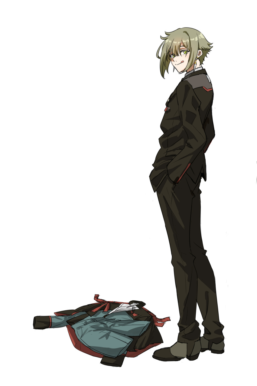 1boy, absurdres, asticassia_school_uniform, black_jacket, black_pants, boots, dangle_earrings, earrings