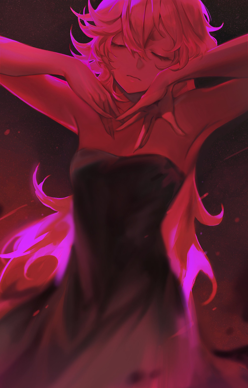 1girl, absurdres, bare_shoulders, black_dress, blurry_edges, boony2789, breasts, closed_eyes