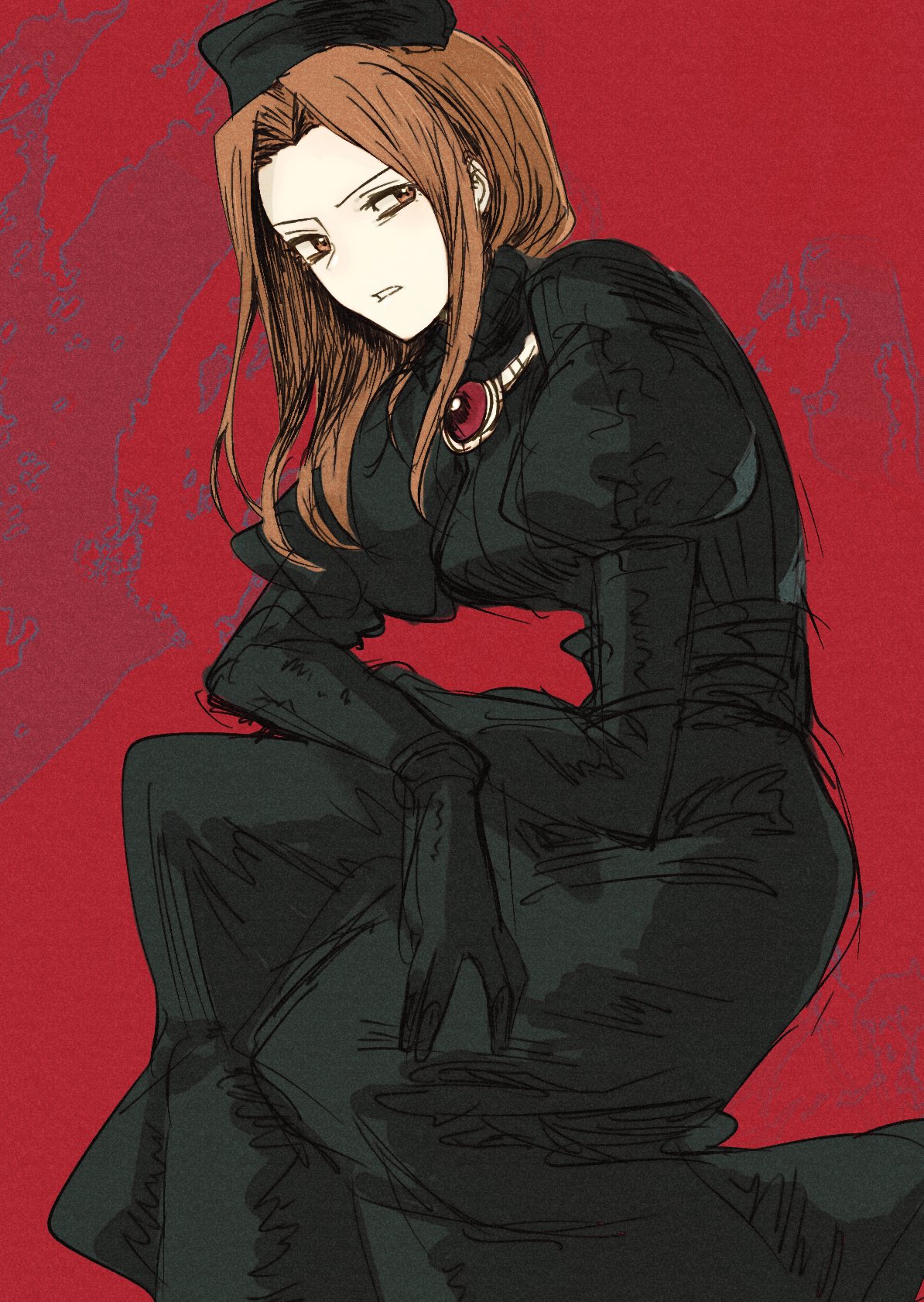 1girl, black_dress, black_gloves, black_headwear, breasts, brown_eyes, brown_hair, catiua_powell