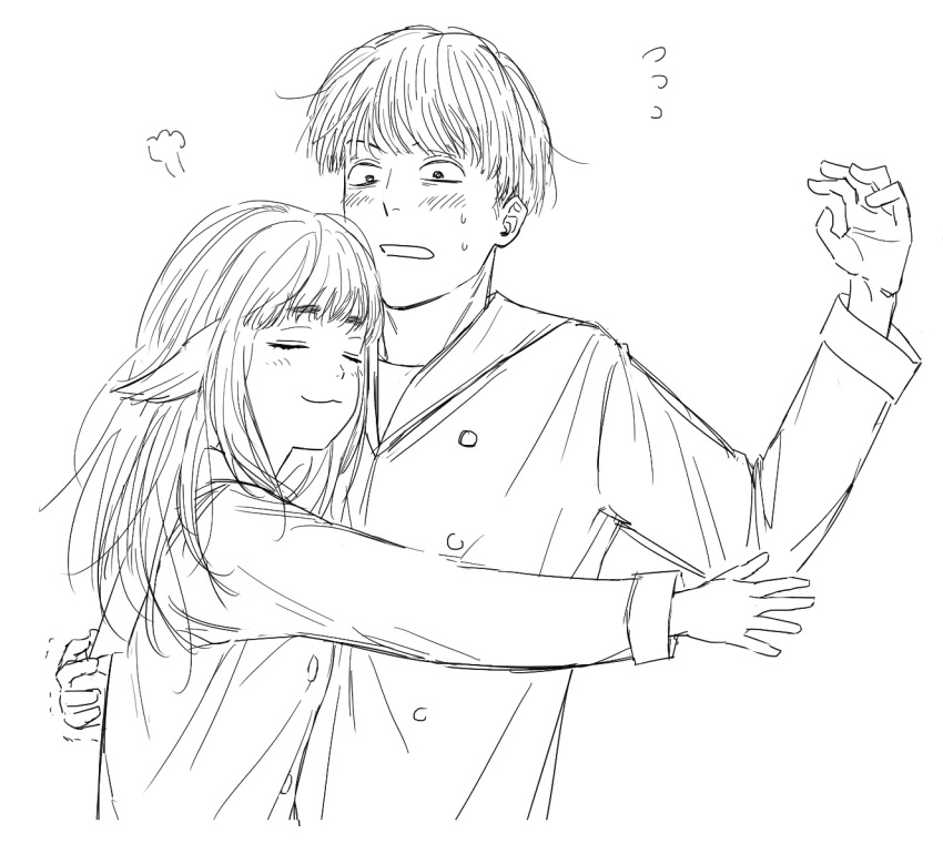 1boy, 1girl, =3, blush, bowl_cut, commentary_request, eyebrows_hidden_by_hair, flustered, flying_sweatdrops, greyscale, hair_ears, hug, jonmatsinde, korean_commentary, lineart, long_hair, mimihime_(tengoku_daimakyou), monochrome, open_mouth, shiro_(tengoku_daimakyou), simple_background, smile, sweatdrop, swept_bangs, takahara_academy_uniform, tengoku_daimakyou, trembling, upper_body, uwu, white_background