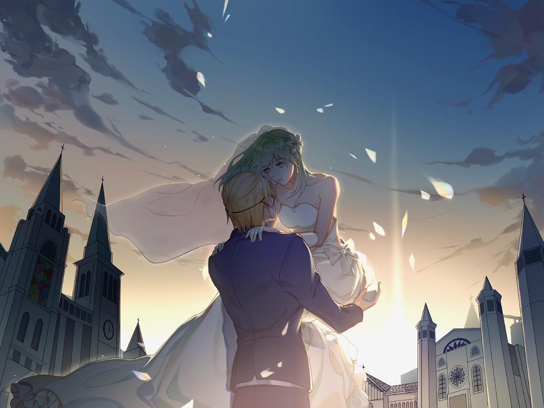 1boy, 1girl, bare_shoulders, blonde_hair, blue_jacket, breasts, bridal_veil, bride