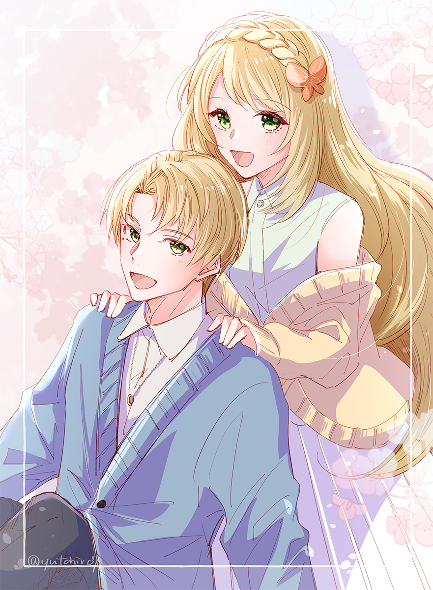 1boy, 1girl, :d, alfred_(fire_emblem), alternate_costume, bare_shoulders, blonde_hair, blue_jacket