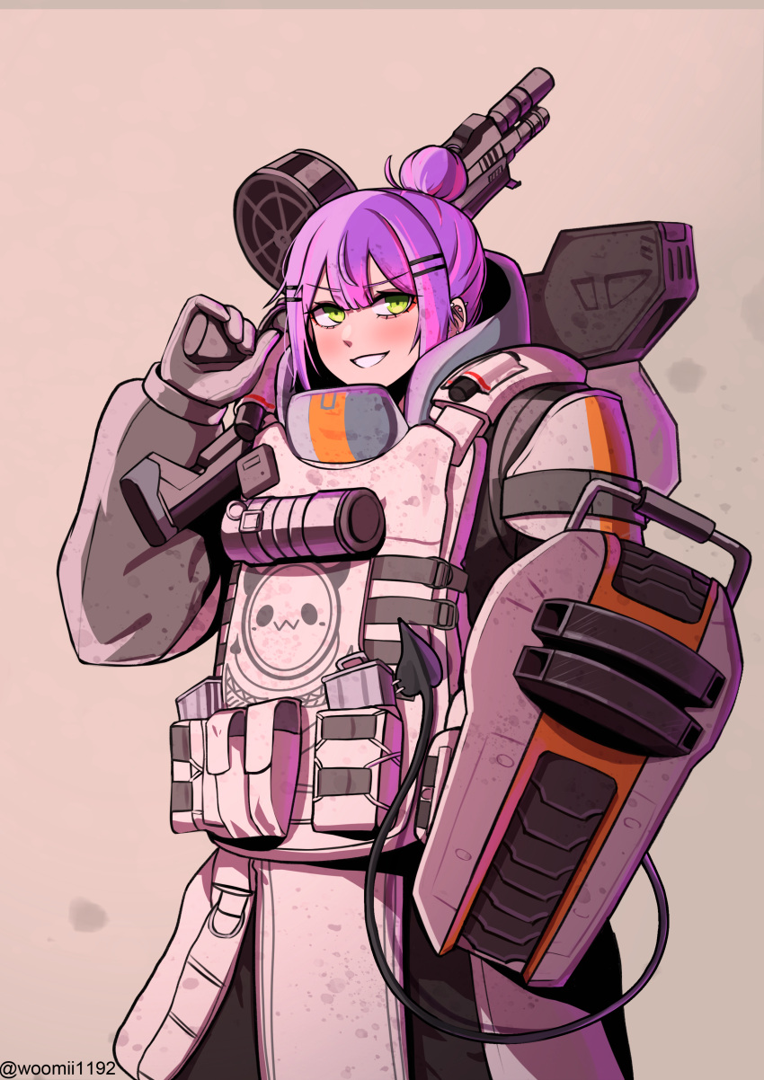 1girl, absurdres, apex_legends, arm_shield, bibi_(tokoyami_towa), blush, brown_background, cosplay, eva-8_shotgun, gibraltar_(apex_legends), gibraltar_(apex_legends)_(cosplay), green_eyes, gun, hair_behind_ear, hair_bun, highres, holding, holding_gun, holding_weapon, hololive, magazine_(weapon), mammemmi, multicolored_hair, over_shoulder, parted_lips, pink_hair, pouch, purple_hair, shotgun, single_hair_bun, solo, streaked_hair, tokoyami_towa, twitter_username, v-shaped_eyebrows, virtual_youtuber, weapon, weapon_over_shoulder