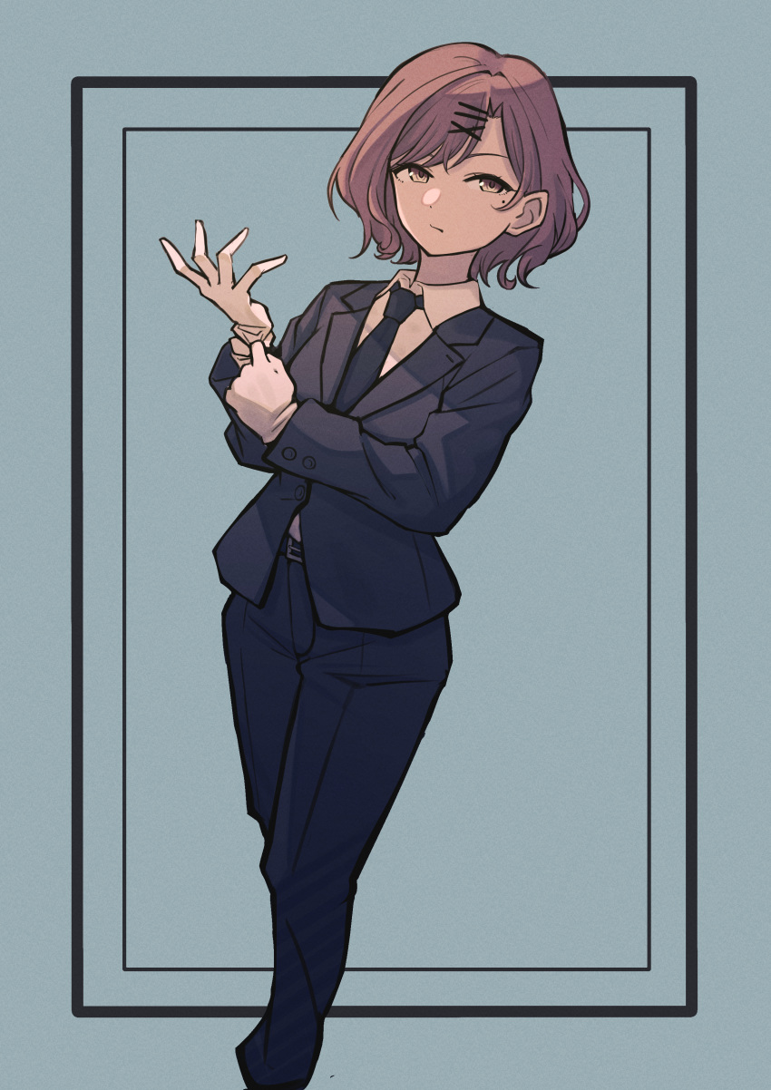 1girl, absurdres, belt, black_belt, black_necktie, brown_hair, buresu21, closed_mouth, crossdressing, formal, gloves, grey_background, grey_pants, grey_suit, grid_background, hair_ornament, hairclip, highres, higuchi_madoka, idolmaster, idolmaster_shiny_colors, long_sleeves, looking_at_viewer, mole, mole_under_eye, necktie, pants, shirt, short_hair, solo, suit, swept_bangs, white_gloves, white_shirt, yellow_eyes