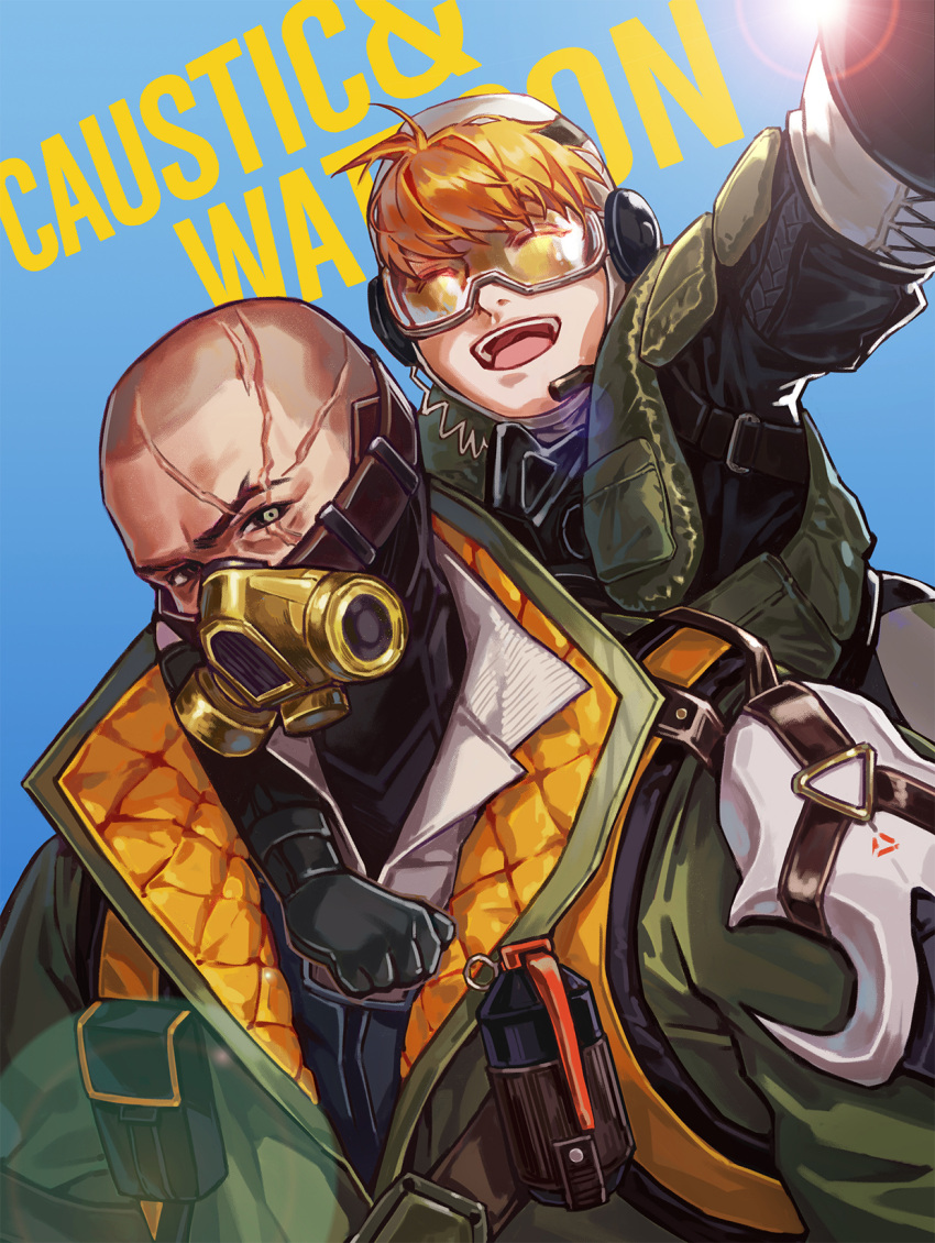 1boy, 1girl, ^_^, apex_legends, bald, black_eyes, black_gloves, black_jacket