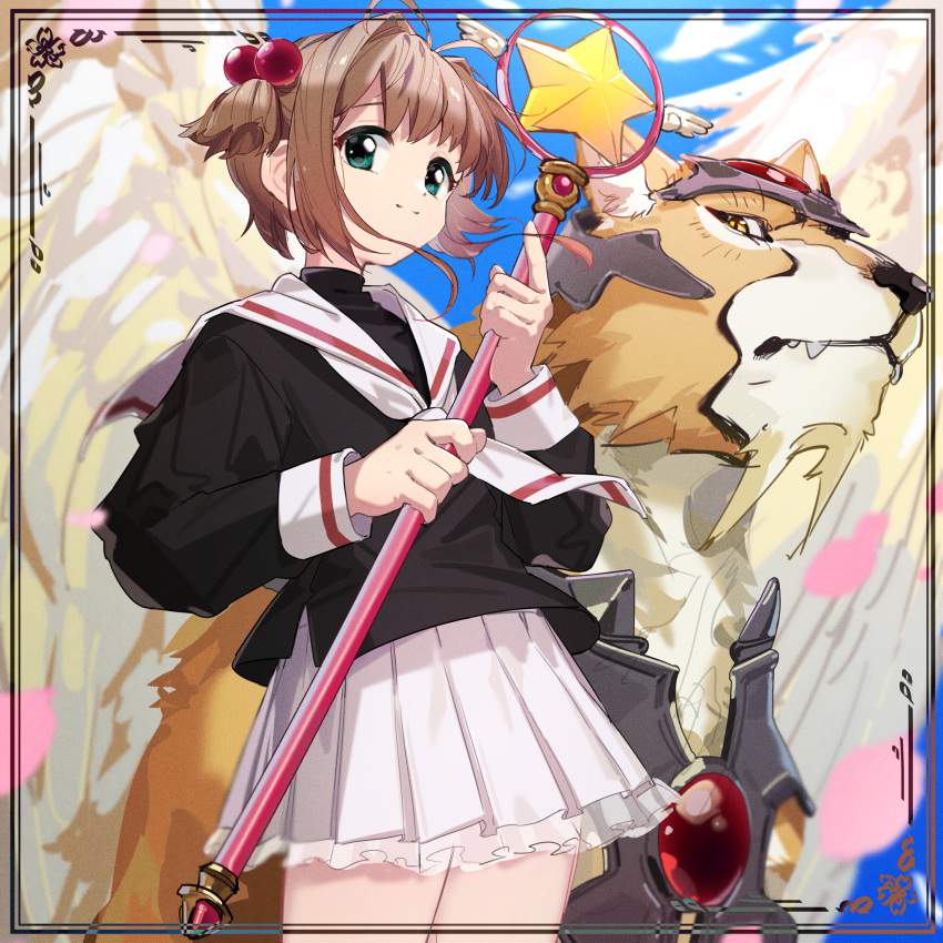 1girl, brown_hair, cardcaptor_sakura, closed_mouth, fangs, female_child, green_eyes, highres, holding, holding_wand, kero, kinomoto_sakura, omochi_kuitai, sailor_collar, smile, standing, wand, white_sailor_collar, wings