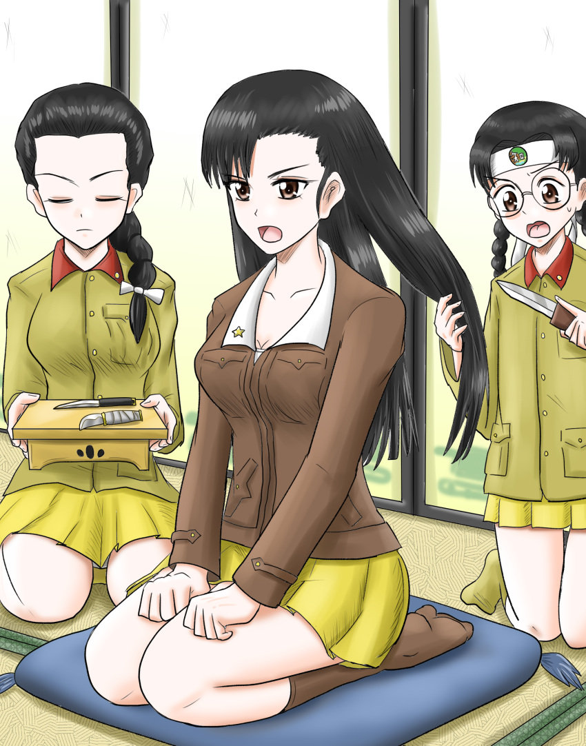 3girls, asymmetrical_bangs, black_hair, braid, braided_ponytail, brown_eyes, brown_jacket, brown_socks
