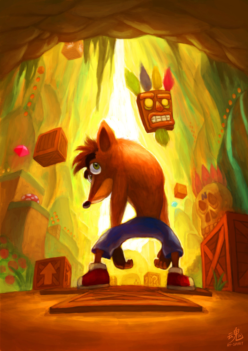1boy, absurdres, aku_aku, artist_name, crash_bandicoot, crash_bandicoot_(series), crate, facing_away