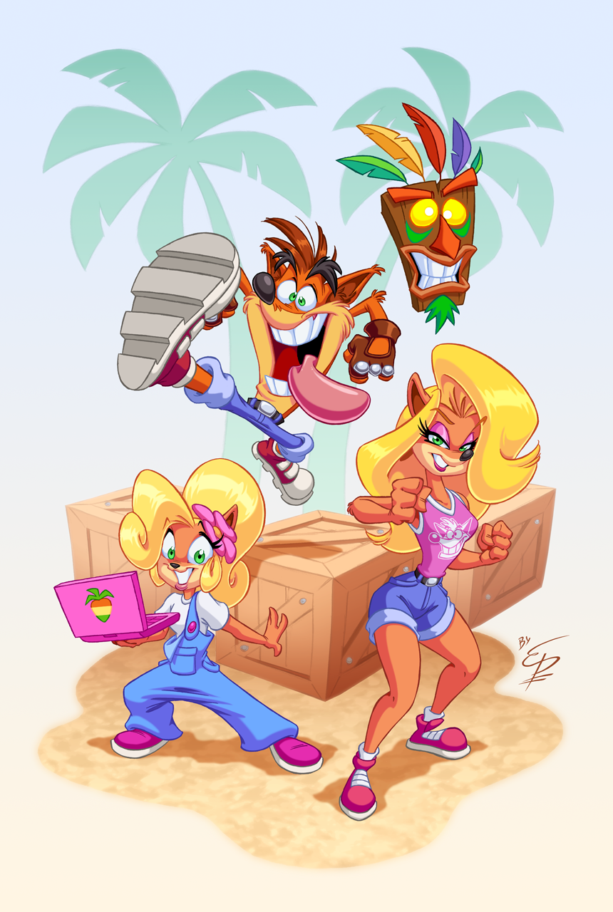 1boy, 2girls, aku_aku, blonde_hair, blue_overalls, clenched_hands, coco_bandicoot, computer