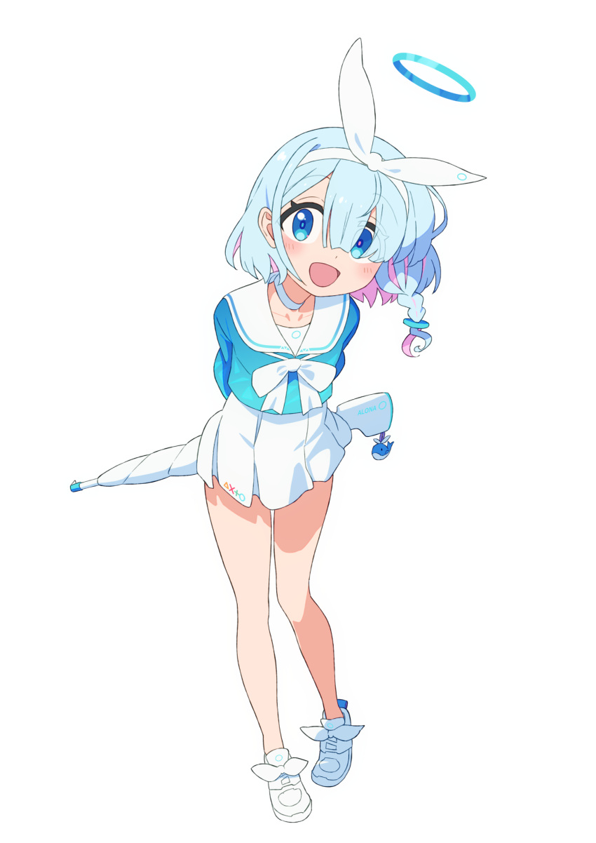 1girl, afnroll, aqua_eyes, aqua_hair, arms_behind_back, arona_(blue_archive), blue_archive, blue_sky