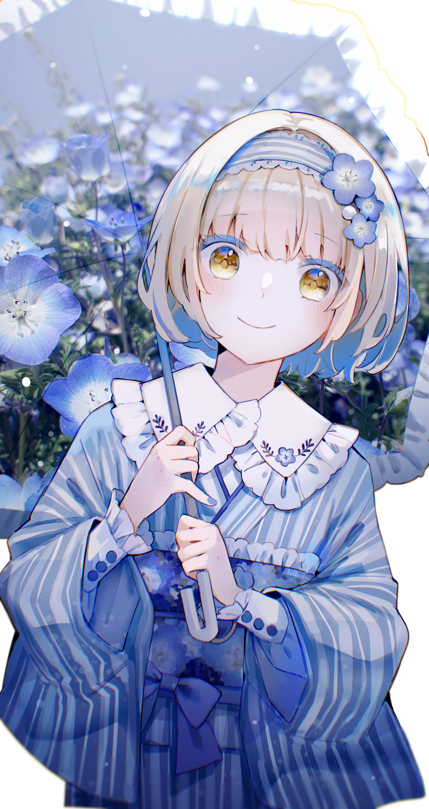 1girl, :>, absurdres, blonde_hair, blue_dress, blue_flower, blue_hair, blue_nails, blush, collar, colored_inner_hair, commentary_request, dress, flower, hair_flower, hair_ornament, hairband, highres, hitoba, holding, holding_umbrella, long_sleeves, looking_at_viewer, multicolored_hair, nail_polish, nemophila_(flower), original, short_hair, solo, striped, striped_dress, umbrella, upper_body, vertical-striped_dress, vertical_stripes, white_collar, yellow_eyes