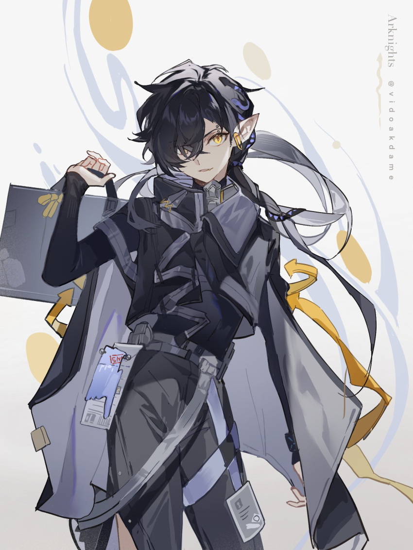 1boy, arknights, artist_name, belt, black_hair, black_jacket, black_pants, black_shirt