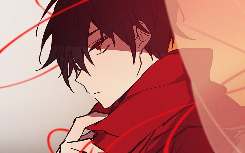 1boy, adjusting_scarf, black_hair, closed_mouth, commentary, from_side, frown, gradient_background