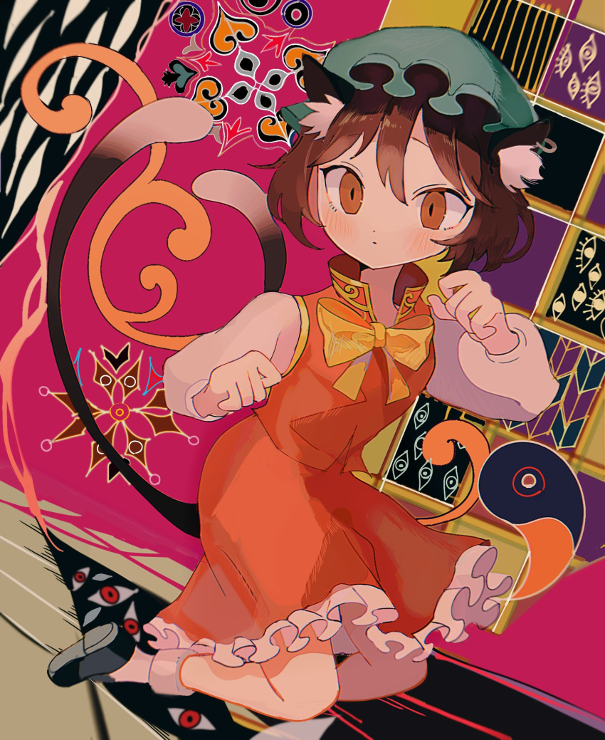 1girl, abstract_background, animal_ear_fluff, animal_ears, blush, bow, bowtie, brown_eyes