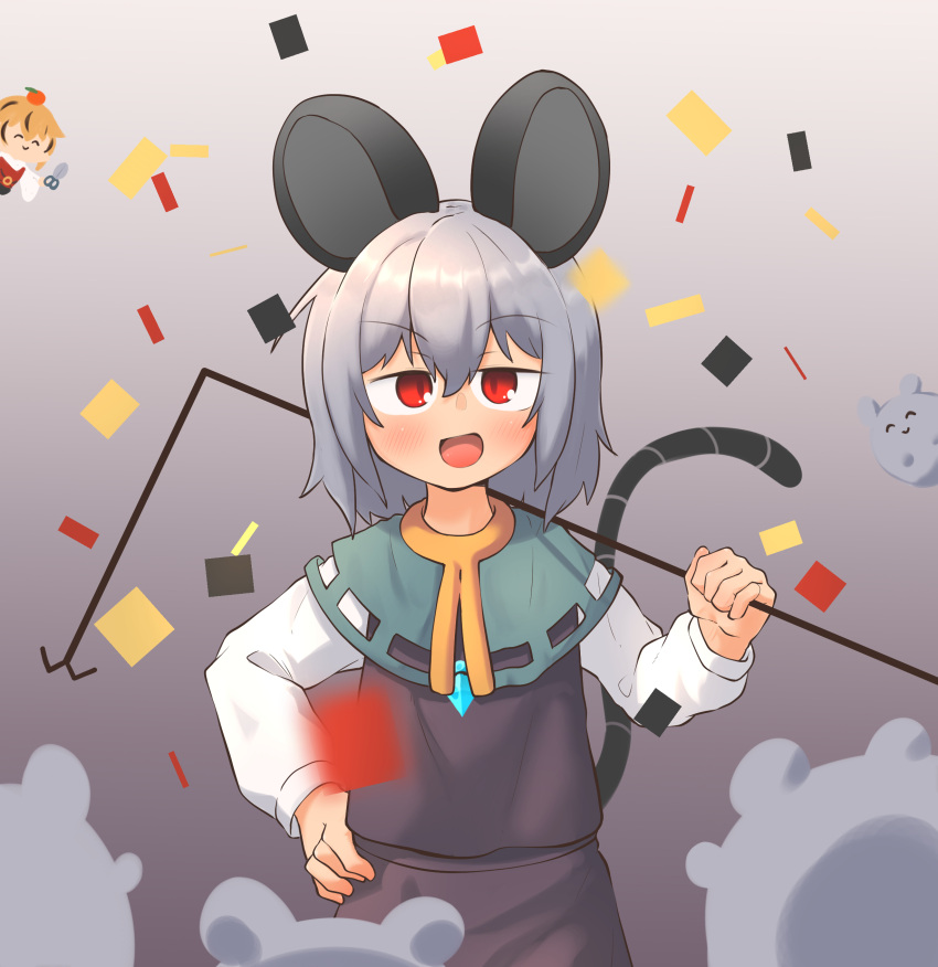 2girls, ^_^, absurdres, animal_ears, black_hair, blonde_hair, blue_capelet, blush, capelet, chibi, chibi_inset, closed_eyes, commentary_request, confetti, cowboy_shot, crystal, dowsing_rod, food, food_on_head, fruit, fruit_on_head, greenpiecerice, grey_hair, grey_skirt, grey_vest, hair_between_eyes, hand_on_own_hip, highres, jewelry, long_bangs, long_sleeves, looking_at_viewer, mouse, mouse_ears, mouse_girl, mouse_tail, multicolored_hair, multiple_girls, nazrin, object_on_head, open_mouth, orange_(fruit), pendant, red_eyes, scissors, shirt, short_hair, skirt, skirt_set, smile, solo_focus, streaked_hair, tail, toramaru_shou, touhou, two-tone_hair, unfinished_dream_of_all_living_ghost, vest, white_shirt