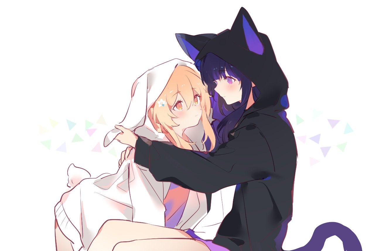 2girls, animal_ears, animal_hood, bare_legs, black_jacket, blonde_hair, cat_ears, cat_tail, couple, face-to-face, flower, genshin_impact, hair_flower, hair_ornament, hood, hood_up, jacket, light_blush, looking_at_another, lumine_(genshin_impact), multiple_girls, n20999s, open_clothes, open_jacket, orange_eyes, purple_hair, rabbit_ears, rabbit_tail, raiden_shogun, shirt, shorts, simple_background, t-shirt, tail, triangle_print, violet_eyes, white_background, white_jacket, yuri