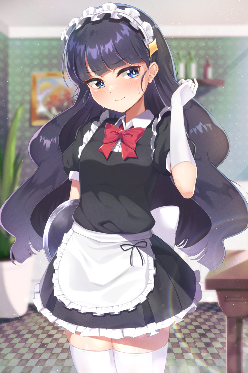 1girl, alternate_costume, apron, arm_behind_back, black_dress, black_hair, blue_eyes, blunt_bangs, blush, bow, closed_mouth, delicious_party_precure, dress, elbow_gloves, enmaided, frilled_dress, frills, gloves, hand_in_own_hair, highres, kasai_amane, long_hair, looking_to_the_side, maid, maid_apron, maid_headdress, meshiya_(naruga-501-kuaru), precure, red_bow, solo, sweat, thigh-highs, waist_apron, waist_bow, white_apron, white_bow, white_gloves, white_thighhighs, zettai_ryouiki