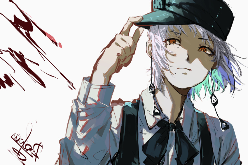 1girl, adjusting_clothes, adjusting_headwear, black_headwear, black_ribbon, chainsaw_man, closed_mouth, collared_shirt, dress, earrings, fami_(chainsaw_man), fourth_east_high_school_uniform, hat, head_tilt, highres, jewelry, looking_to_the_side, military_hat, mole, mole_under_eye, mole_under_mouth, multiple_moles, neck_ribbon, orange_eyes, pinafore_dress, ribbon, ringed_eyes, school_uniform, shirt, short_hair, signature, simple_background, sleeveless, sleeveless_dress, solo, tassel, tassel_earrings, user_rtvp7435, white_background, white_hair, white_shirt