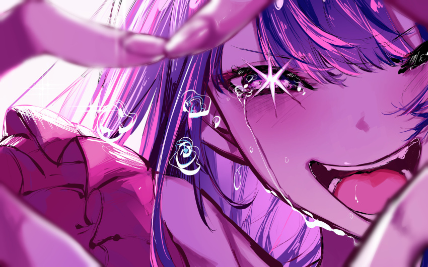 1girl, absurdres, blush, clip_studio_paint_(medium), crying, eyelashes, hair_between_eyes, heart, heart_hands, highres, hoshino_ai_(oshi_no_ko), idol, long_hair, looking_at_viewer, multicolored_hair, open_mouth, oshi_no_ko, pink_hair, purple_hair, solo, star_(symbol), star_in_eye, symbol_in_eye, teeth, tongue, two-tone_hair, user_rtvp7435, violet_eyes