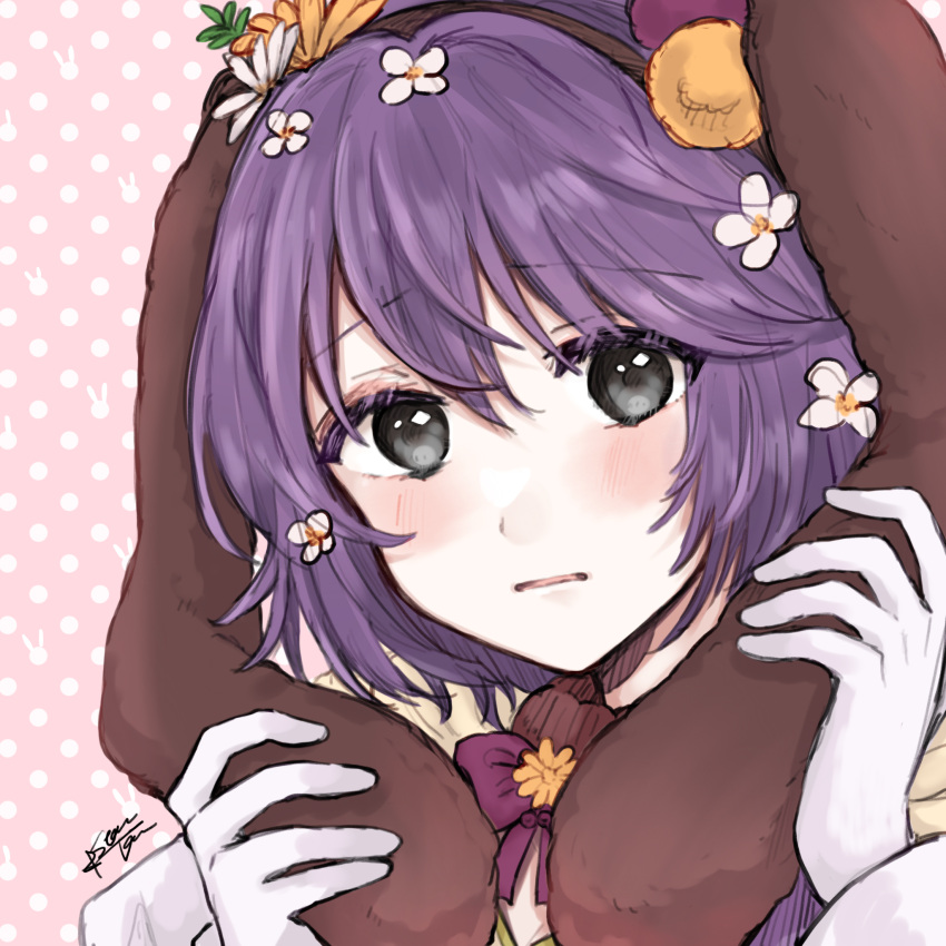 1girl, animal_ears, bernadetta_von_varley, bernadetta_von_varley_(spring), blush, brown_hairband, close-up, fake_animal_ears