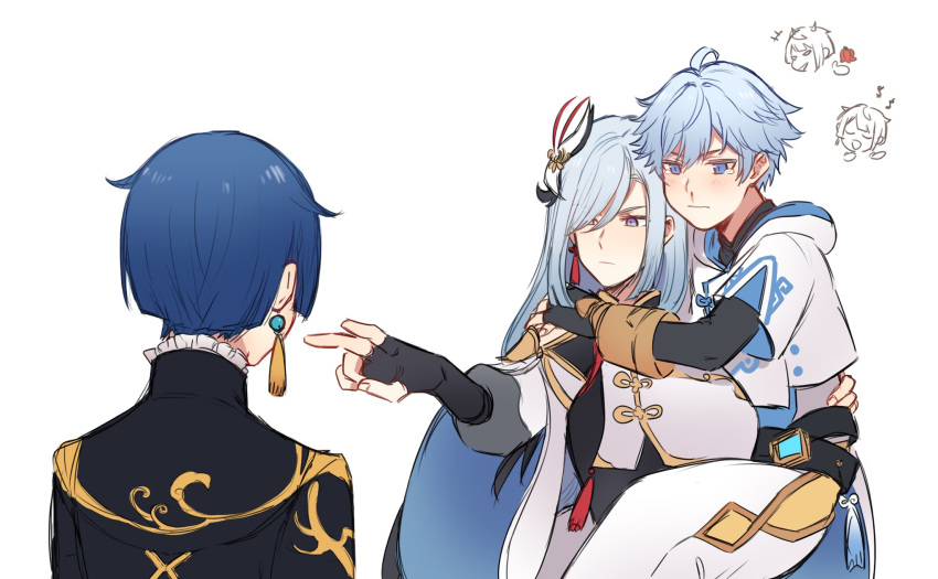 1girl, 2boys, ahoge, back, baggy_pants, black_bodysuit, black_gloves, black_jacket, black_shirt, blood, blue_eyes, blue_gemstone, blue_hair, blunt_ends, blush, bodysuit, bodysuit_under_clothes, breasts, carrying, carrying_person, chinese_clothes, chongyun_(genshin_impact), closed_eyes, closed_mouth, detached_sleeves, earrings, fingerless_gloves, fingernails, frills, gem, genshin_impact, gloves, grey_eyes, hair_ornament, hair_over_one_eye, hand_on_another's_shoulder, hands_up, highres, hood, hoodie, jacket, jewelry, long_hair, long_sleeves, looking_at_another, mandarin_collar, medium_breasts, meme, multiple_boys, nosebleed, open_mouth, pants, parody, puffy_long_sleeves, puffy_sleeves, real_husbands_of_hollywood, s1h2u0a4i, shenhe_(genshin_impact), shirt, short_hair, short_sleeves, simple_background, single_earring, smile, standing, tassel, tassel_earrings, tears, v-shaped_eyebrows, vest, vision_(genshin_impact), white_background, white_hoodie, white_pants, white_vest, xingqiu_(genshin_impact)