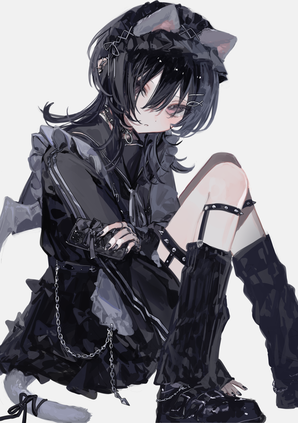 1girl, animal_ears, bag, black_dress, black_hair, black_theme, brown_eyes, cat_ear_hairband