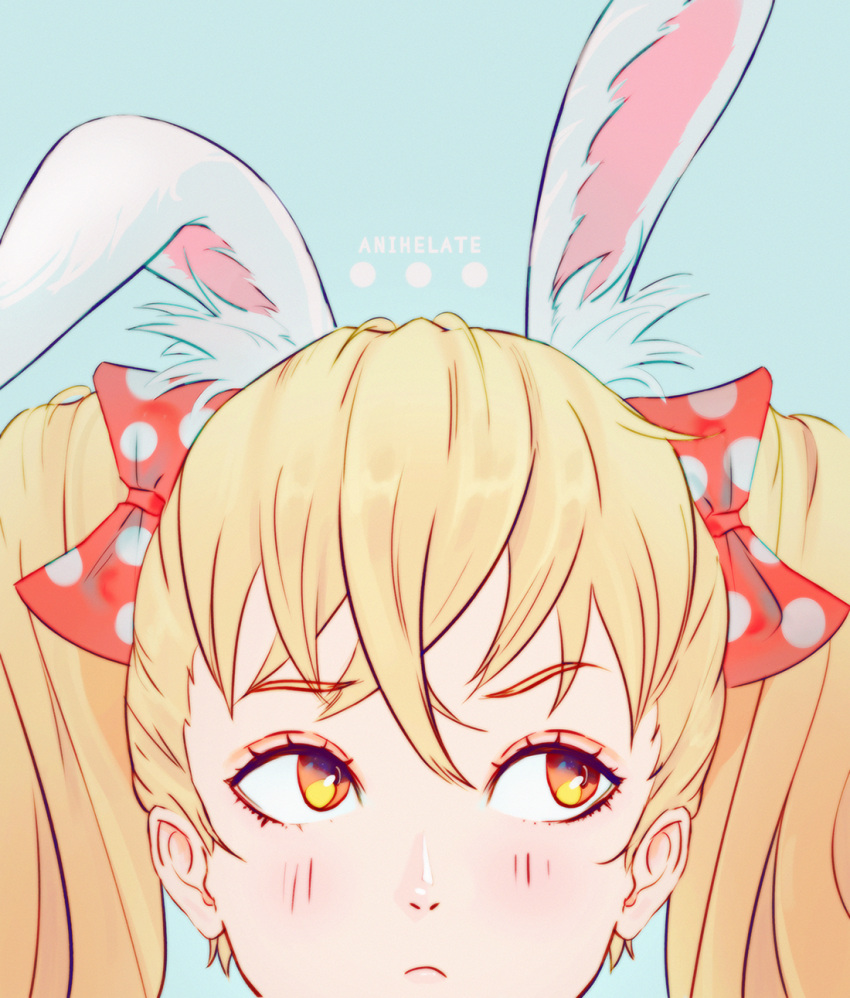 1girl, anihelate, animal_ear_fluff, animal_ears, artist_name, blonde_hair, blue_background, bow, commentary, frown, hair_bow, highres, looking_to_the_side, orange_eyes, original, polka_dot, polka_dot_bow, portrait, rabbit_ears, raised_eyebrow, solo, symbol-only_commentary, twintails